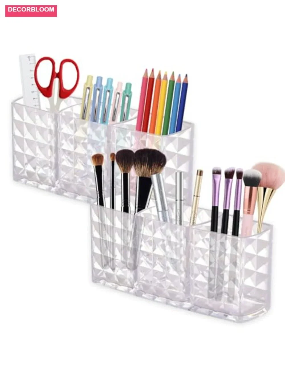 Acrylic Makeup Brush Holder 3 Compartment Cosmetic Organizer Vanity Storage